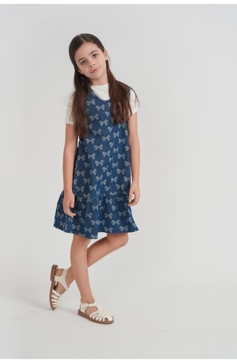 Puddles Bow Denim Ruffle Hem Invisible Zipper Jumper, Alternate, color, Dark Denim