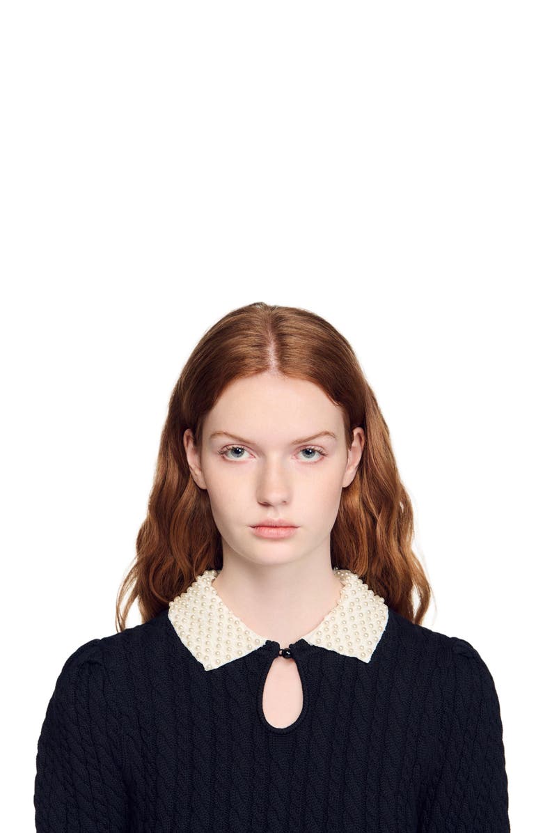 SANDRO Detachable collar cable knit sweater, Alternate, color, Black