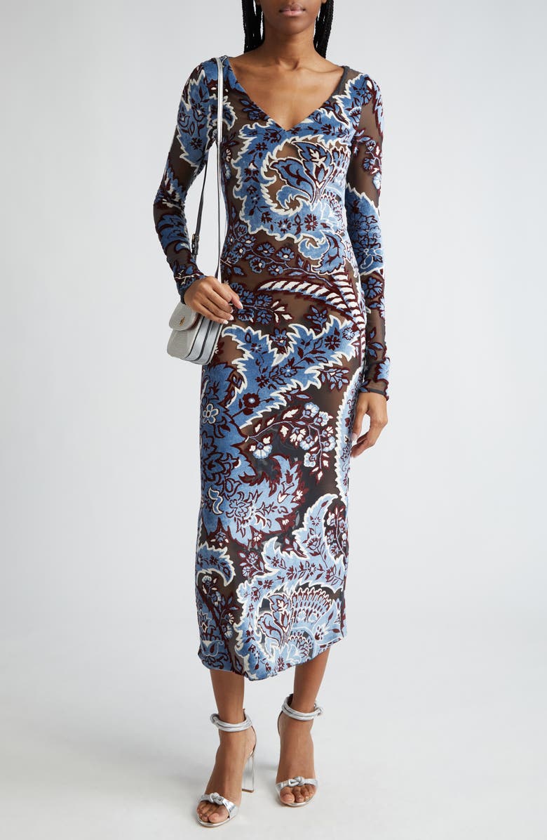 Etro Long Sleeve Tulle & Velvet Maxi Dress, Alternate, color,