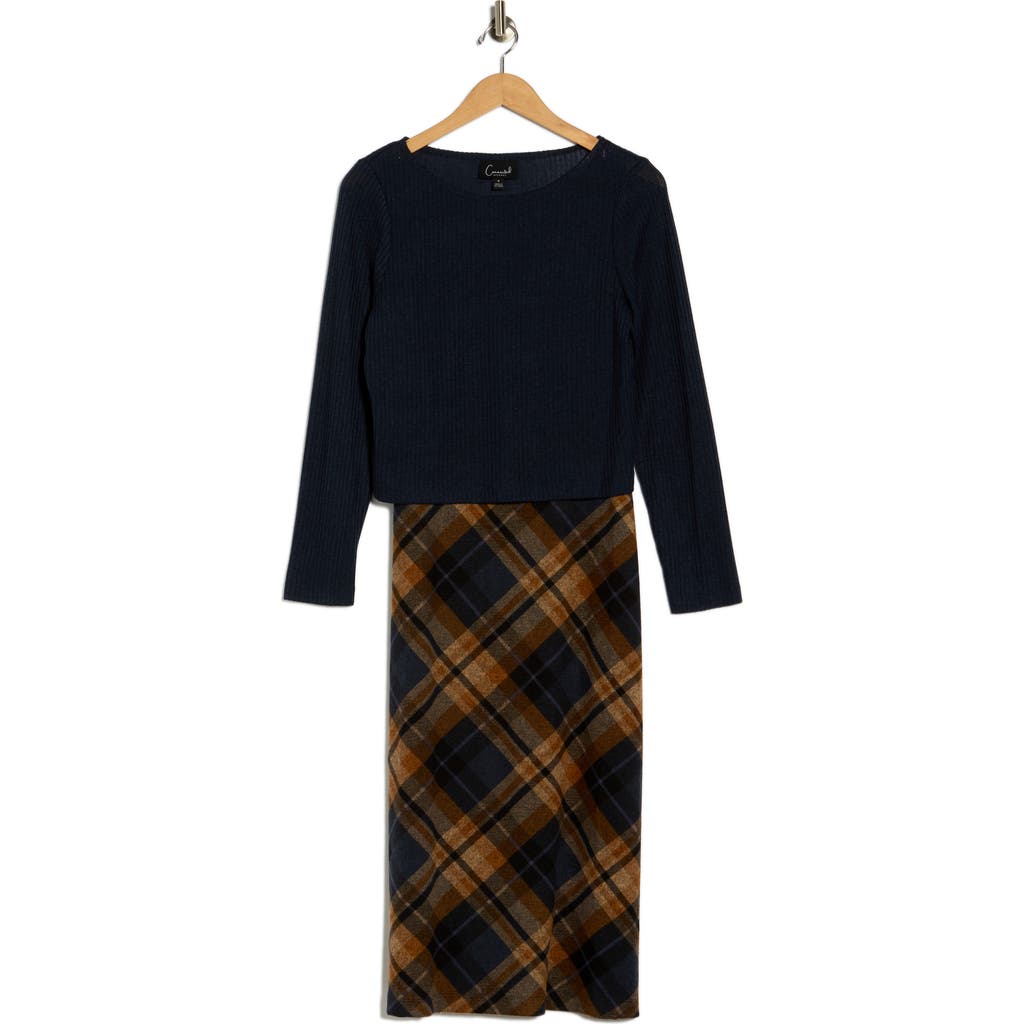 Connected Apparel Long Sleeve Twofer Midi Dress In Blue