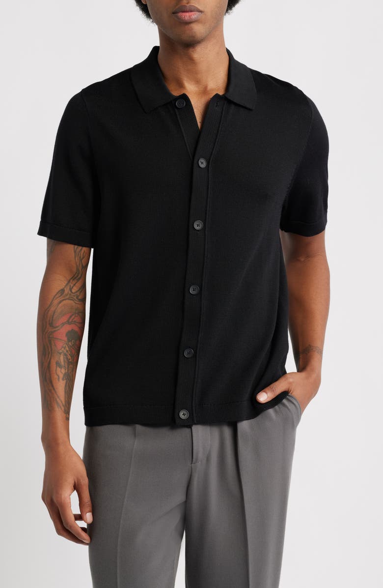 Open Edit Short Sleeve Button-Up Silk Cardigan, Main, color, Black