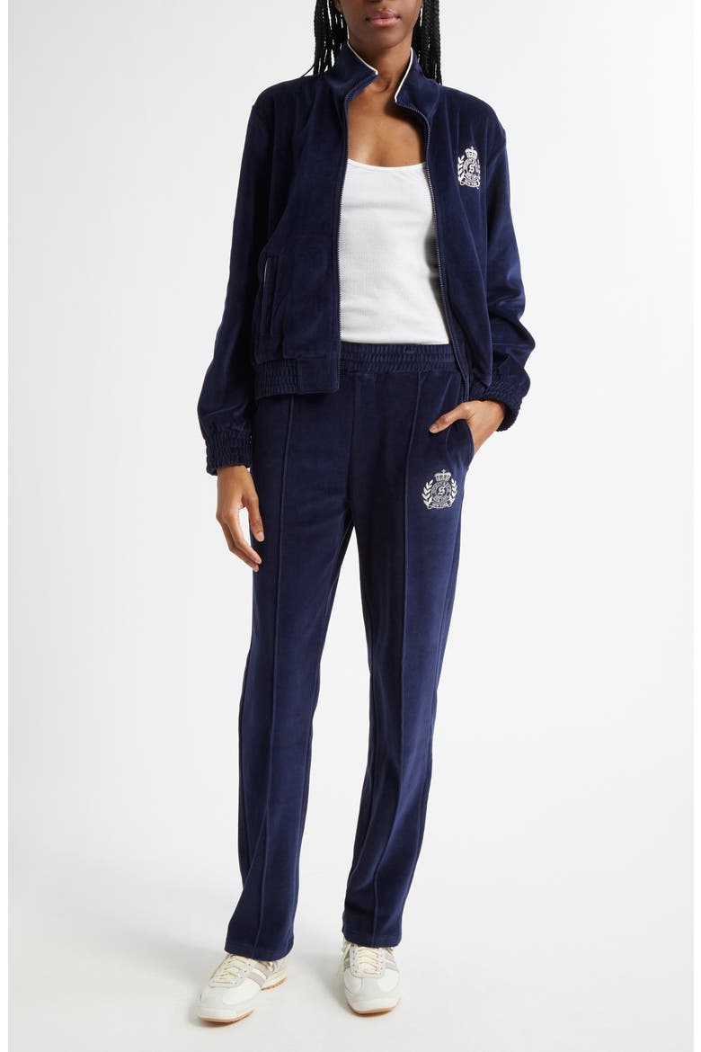 NY Crest Embroidered Velour Track Jacket, Alternate, color, NAVY