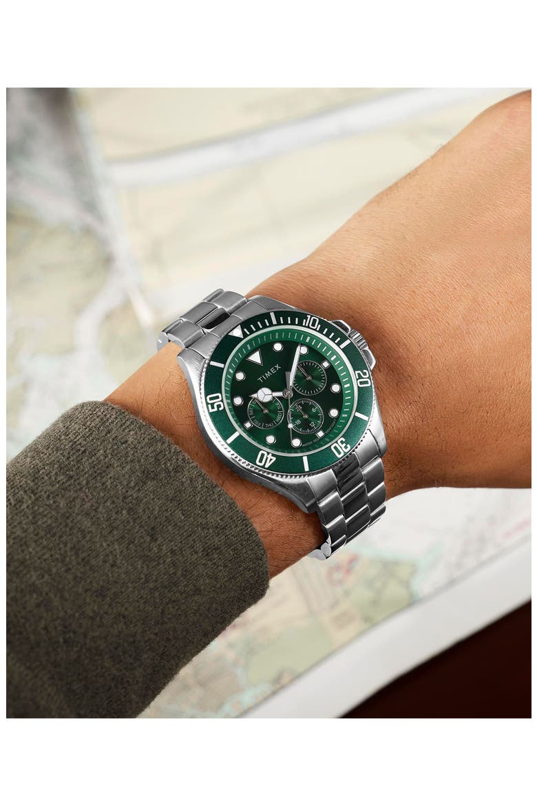 Harborside Coast Multifunction 43mm Stainless Steel Bracelet Watch, Alternate, color, GREEN/ SILVER-TONE