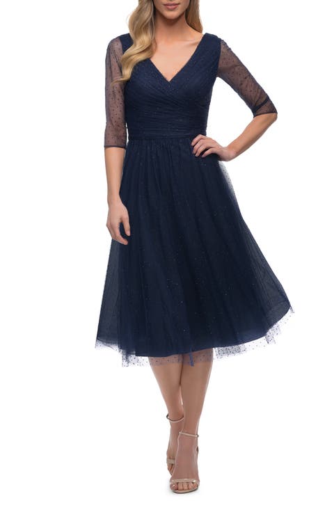 Tea Length Tulle Dress with Beading and Sheer Sleeve
