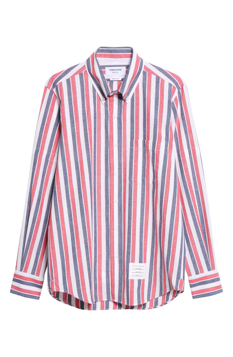 Thom Browne Straight Fit Stripe Cotton Button-Down Shirt, Main, color, Red W/ Blue White