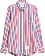 Thom Browne Straight Fit Stripe Cotton Button-Down Shirt