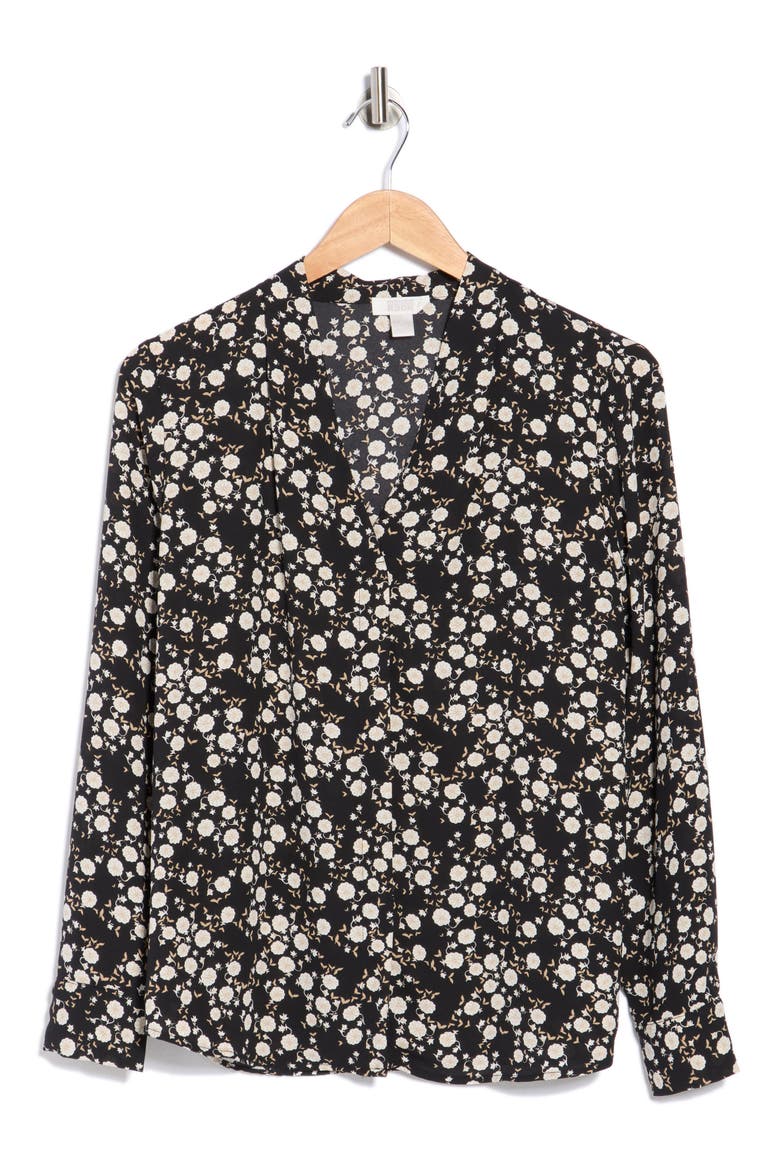 V-Neck Long Sleeve Top, Alternate, color, BLACK- IVORY JOSIE DITSY