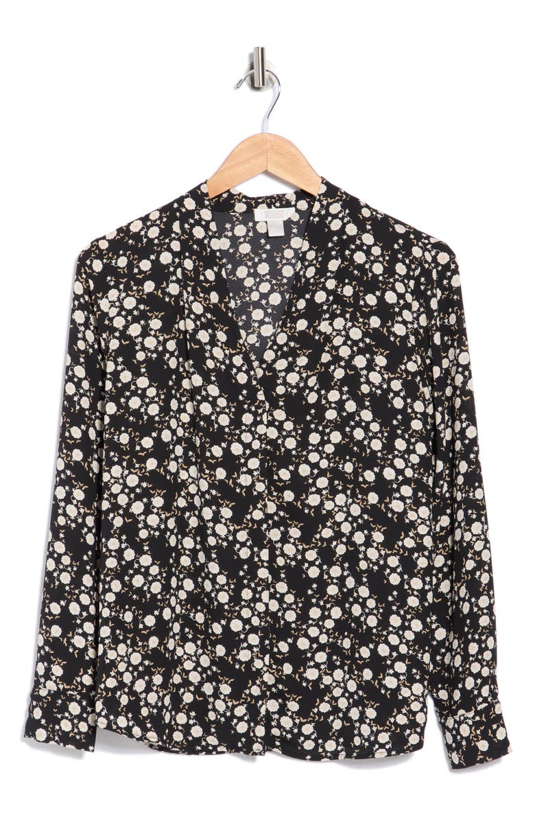 NORDSTROM RACK V-Neck Long Sleeve Top, Main, color, Black- Ivory Josie Ditsy