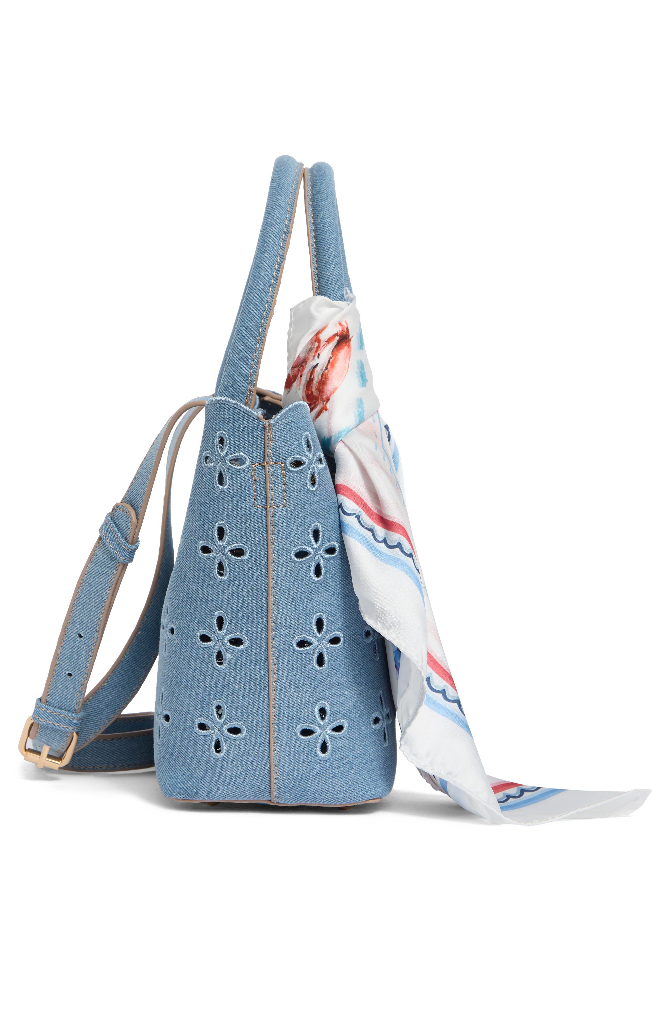 Nanette Lepore Eyelet Embroidered Denim Satchel, Alternate, color, Blue Jeans / Americana Scarf