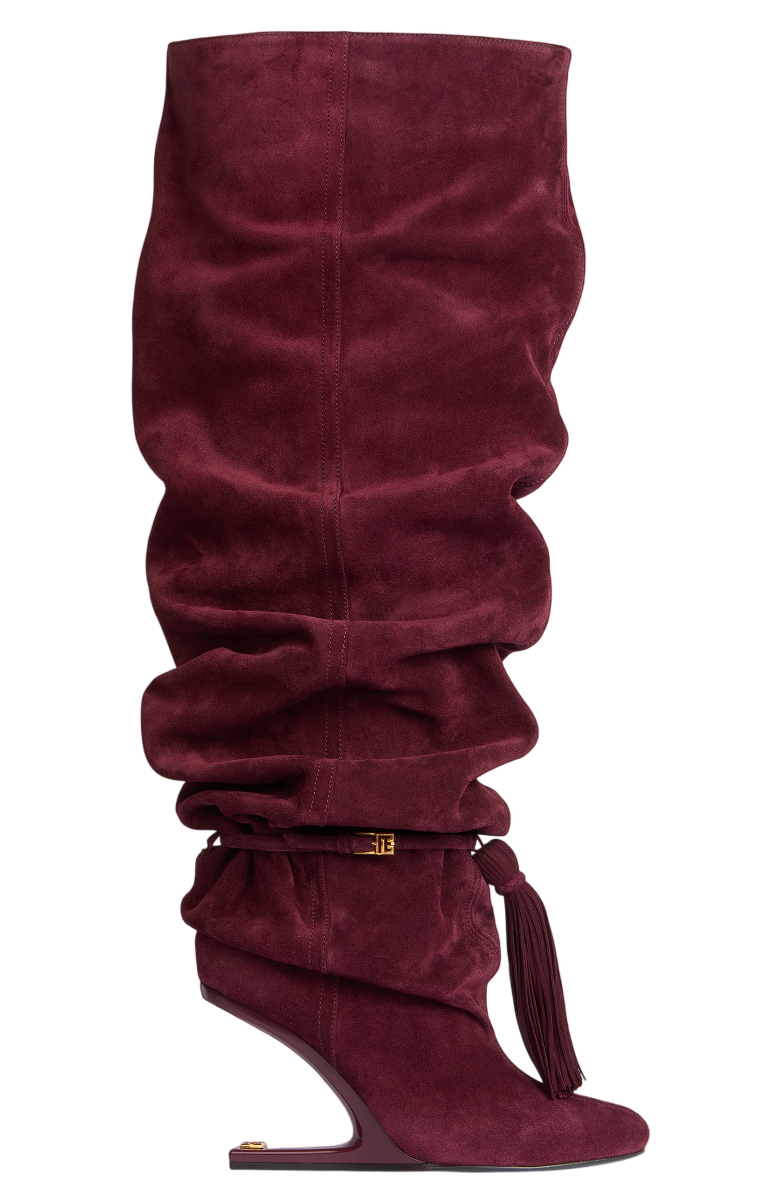 Balmain No Wedge suede leather thigh-high boots with tassel, Alternate, color, Red