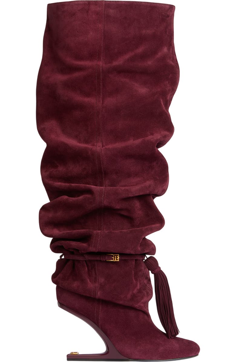 Balmain No Wedge suede leather thigh-high boots with tassel, Alternate, color, Red