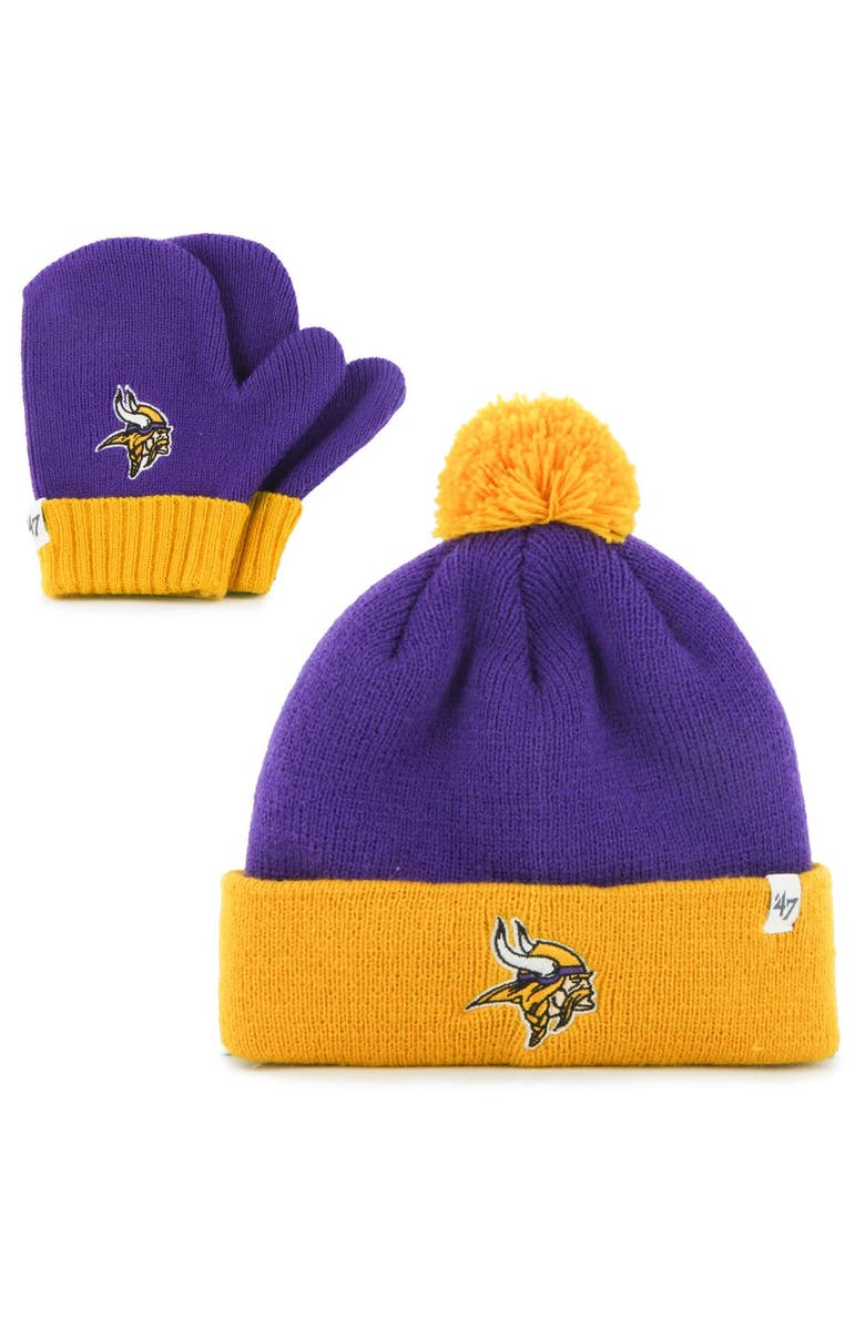 '47 Infant '47 Purple/Gold Minnesota Vikings Bam Bam Cuffed Knit Hat With Pom and Mittens Set, Main, color, 