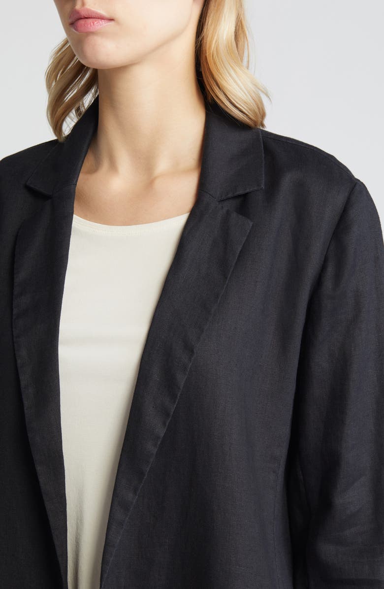 Eileen Fisher Notch Lapel Longline Organic Linen Blazer, Alternate, color, Black