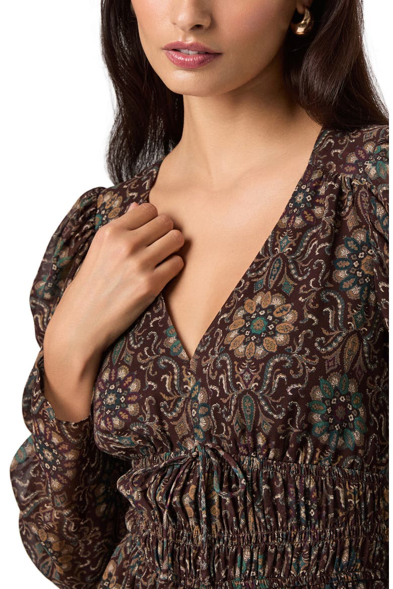 Aries Print Long Sleeves Silk Minidress, Alternate, color, DARK CHOCOLATE MULTI