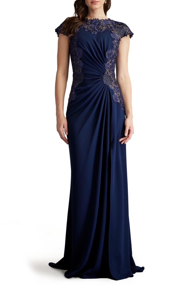 Embroidered Side Ruched Cap Sleeve Gown, Main, color, MIDNIGHT