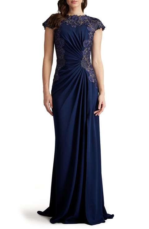 Embroidered Side Ruched Cap Sleeve Gown