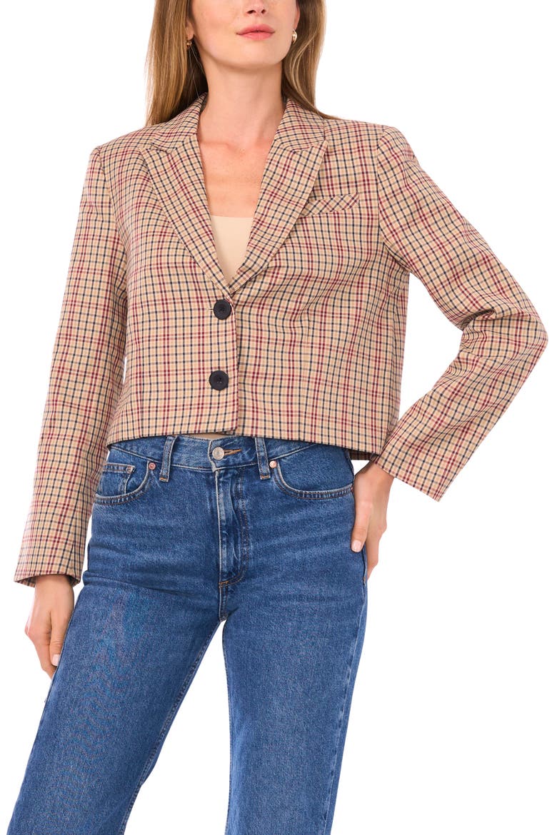 Tailored Crop Blazer, Alternate, color, BEIGE/ RICH BLACK/ BURGUNDY