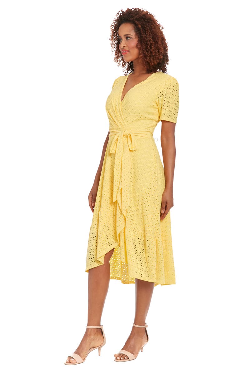 London Times Stretch Eyelet Short Sleeve Ruffle Wrap Dress, Alternate, color, Snapdragon