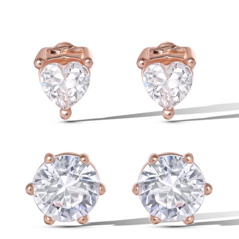 Heart and Round Crystal Stud Earring Set, 2 Pairs