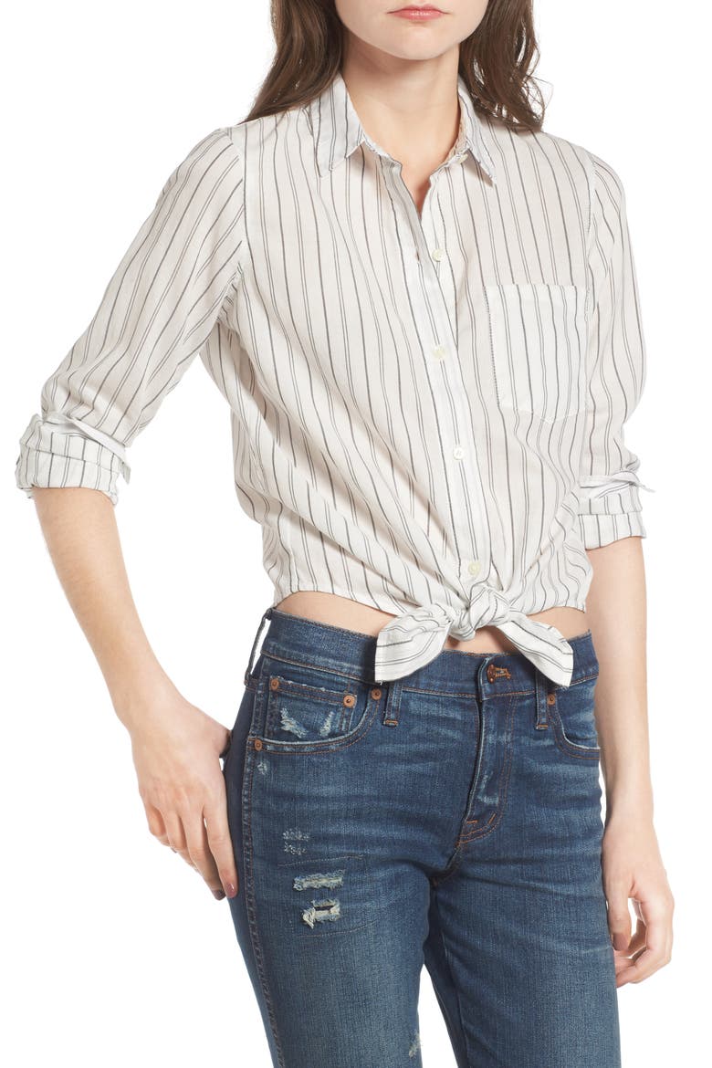 Stripe Tie Front Cotton Shirt, Main, color, BLACK WHITE STRIPE