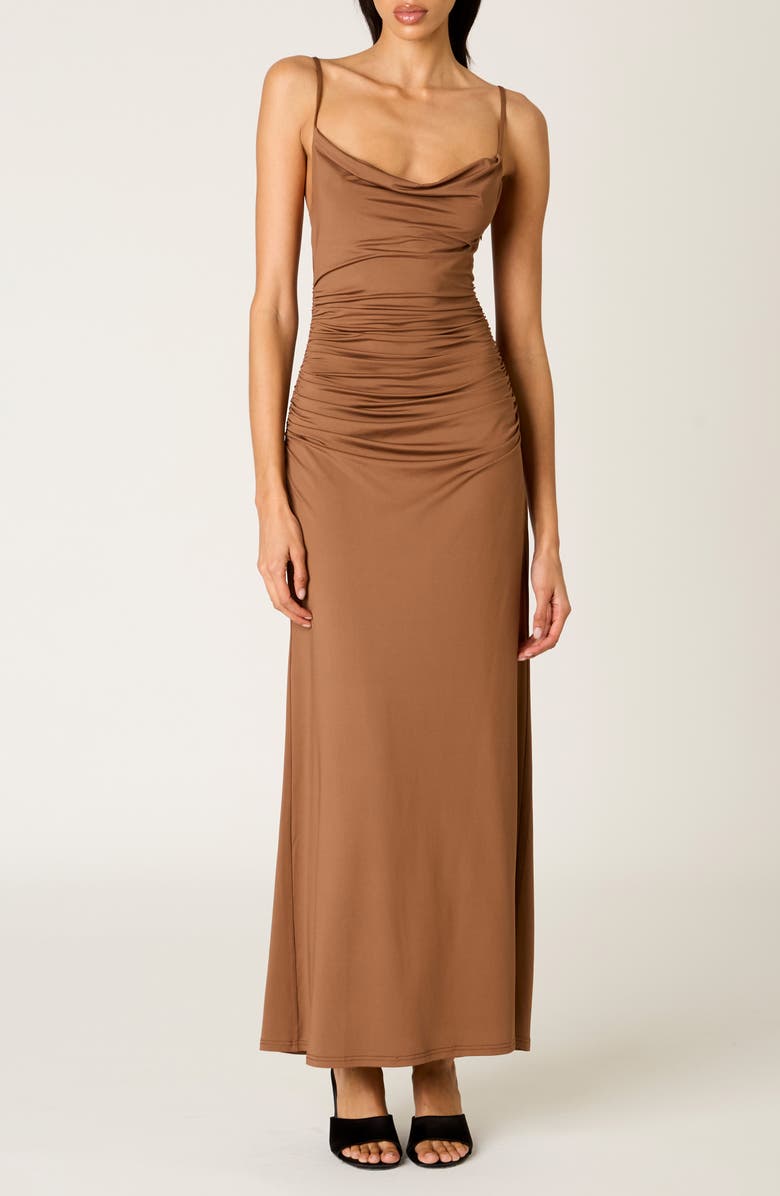 Nia Ina Shirred Cowl Neck Slipdress, Main, color, Mocha