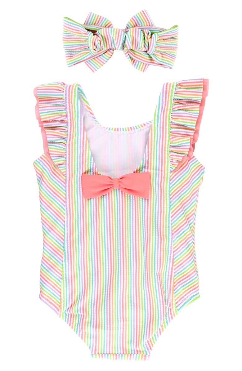 RuffleButts Rainbow Stripe Waterfall One-Piece Swimsuit & Headband Set, Alternate, color,