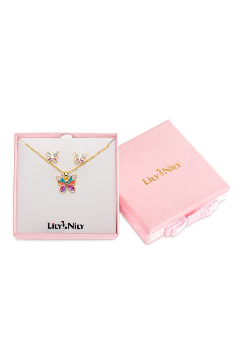 Kids' Glitter Butterfly Necklace & Stud Earrings Set, Alternate, color, GOLD