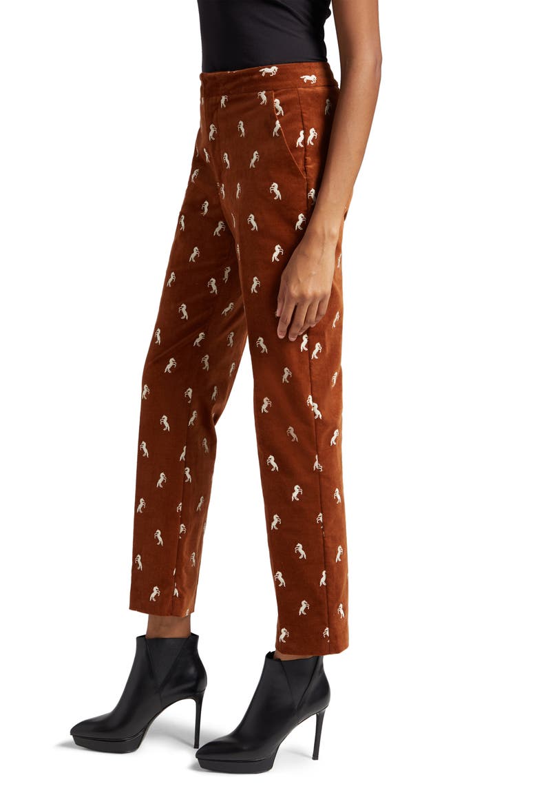 Rebel Embroidered Horse Print Stretch Cotton Velvet Crop Pants, Alternate, color, WHISKEY/ ECRU