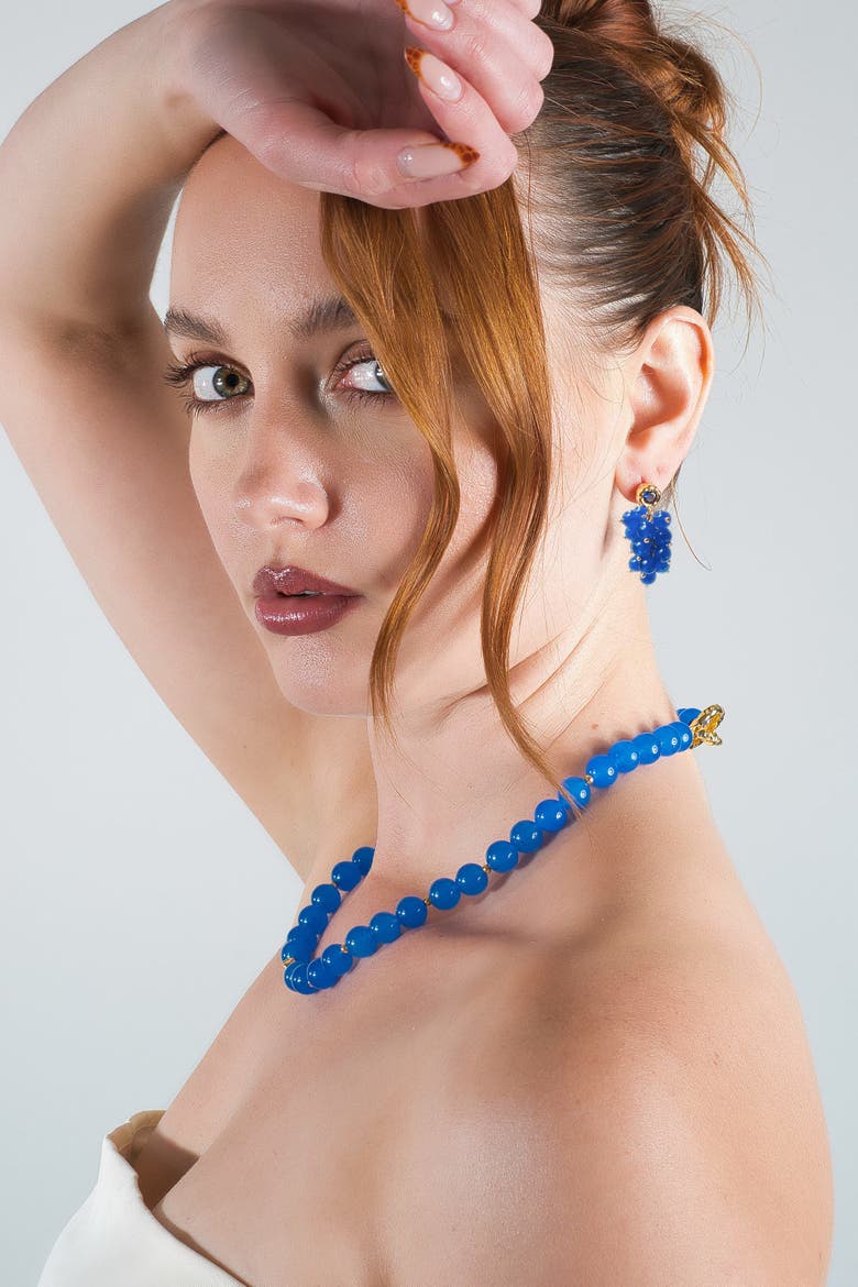 Tia Cascade Cluster Royal Blue Chalcedony Bead Drop Earrings, Alternate, color, Royal Blue