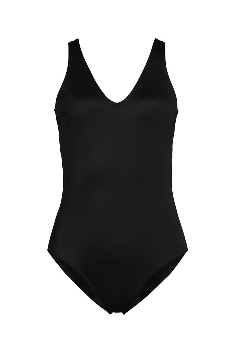 Tugless V-Neck High Leg One Piece Swimsuit, Alternate, color, Black