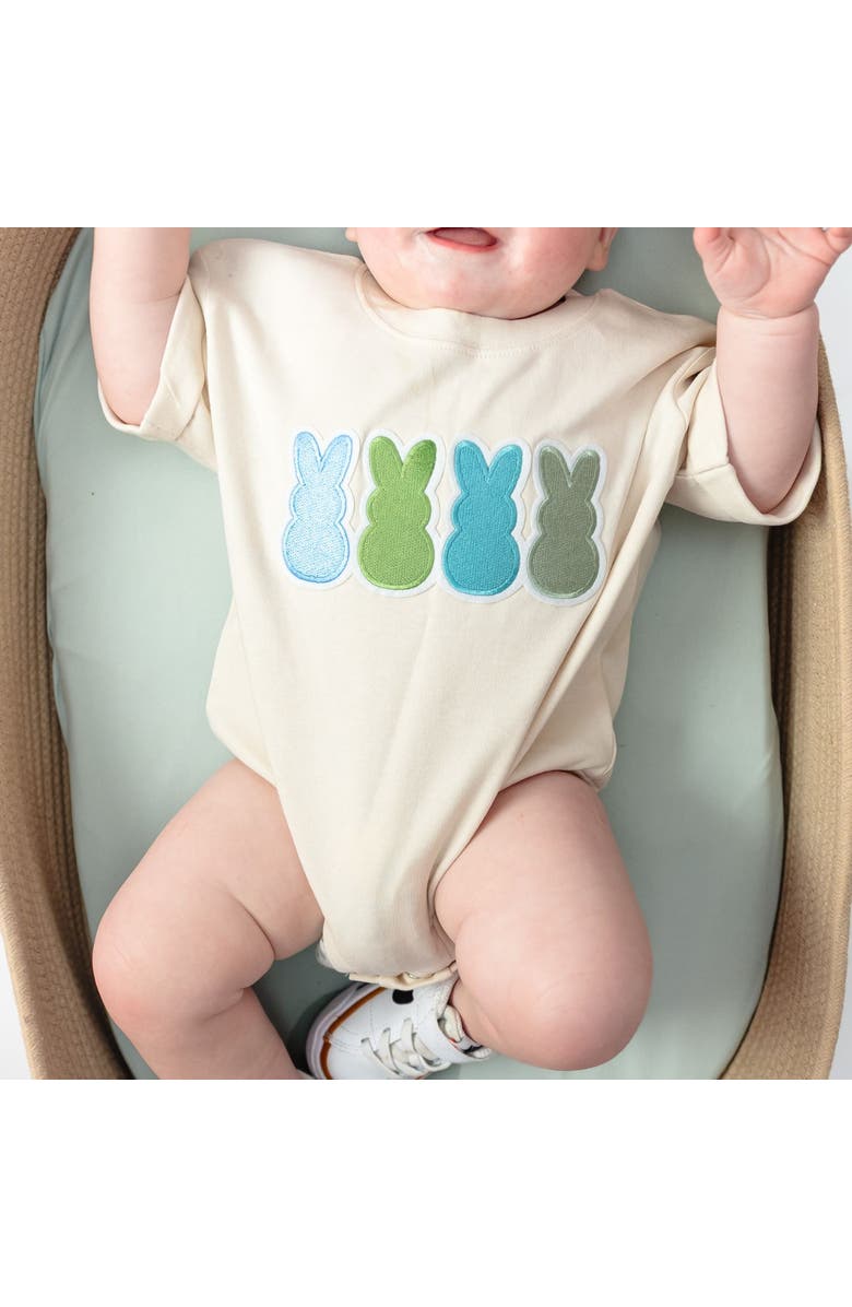 Sweet Wink Peeps Embroidered Patch Easter Short Sleeve Romper, Alternate, color, Natural