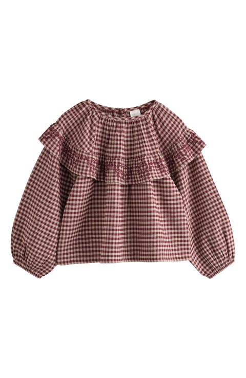 Kids' Check Embroidered Ruffle Blouse