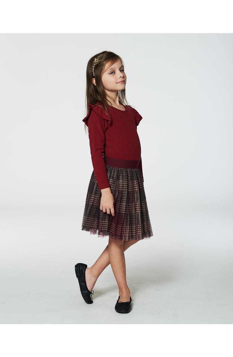 Deux par Deux Girl's Long Sleeve Dress With Glittering Tulle Skirt Red Plaid, Alternate, color, 
