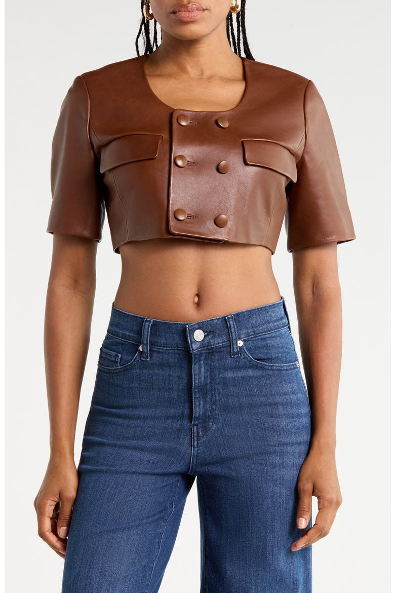 The Cropped Leather Jacket, Main, color, DARK BROWN