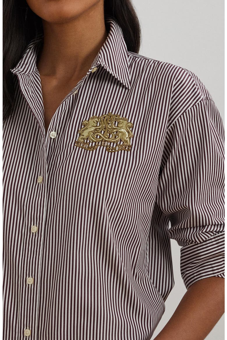 Stripe Lion Crest Cotton Button-Up Shirt, Alternate, color, PINOT NOIR/ WHITE
