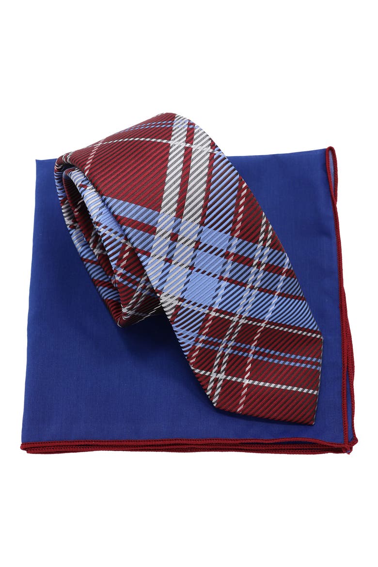 Plaid Tie & Pocket Square Box Set, Main, color, BURGUNDY NAVY