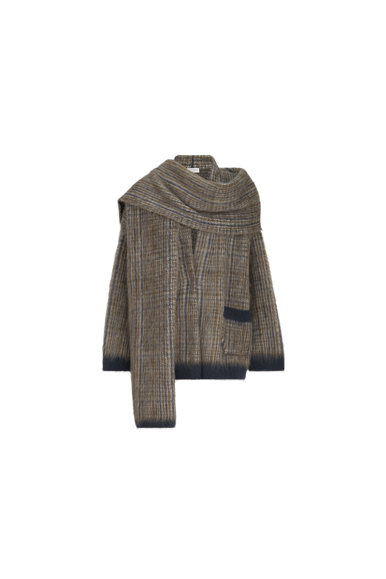 Mohair and wool Prince of Wales double knit outerwear jacket with scarf, Alternate, color, Brown