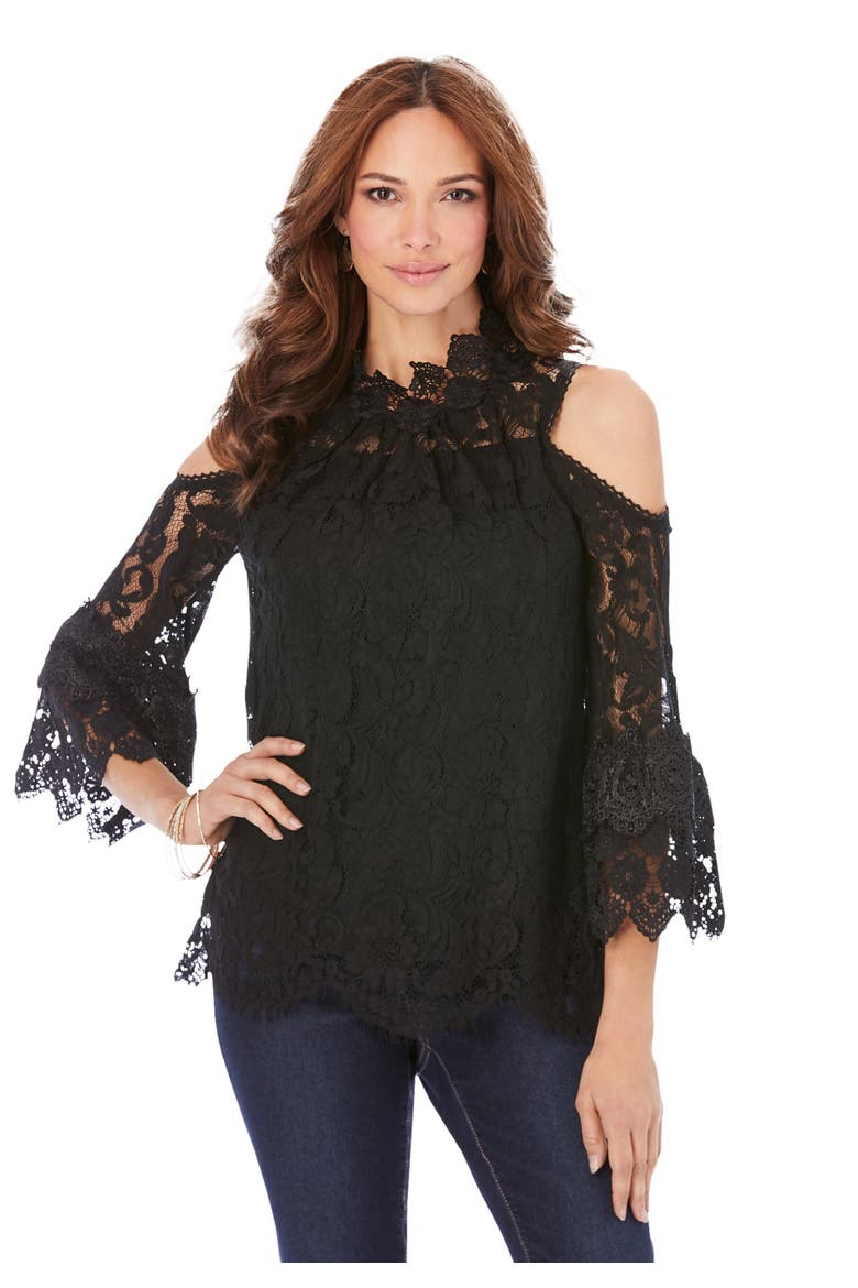 Lace Cold Shoulder Top, Main, color, BLACK