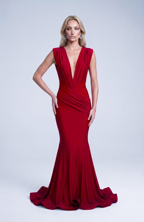 Ruched Plunge Pleated Sleeveless Mermaid Gown