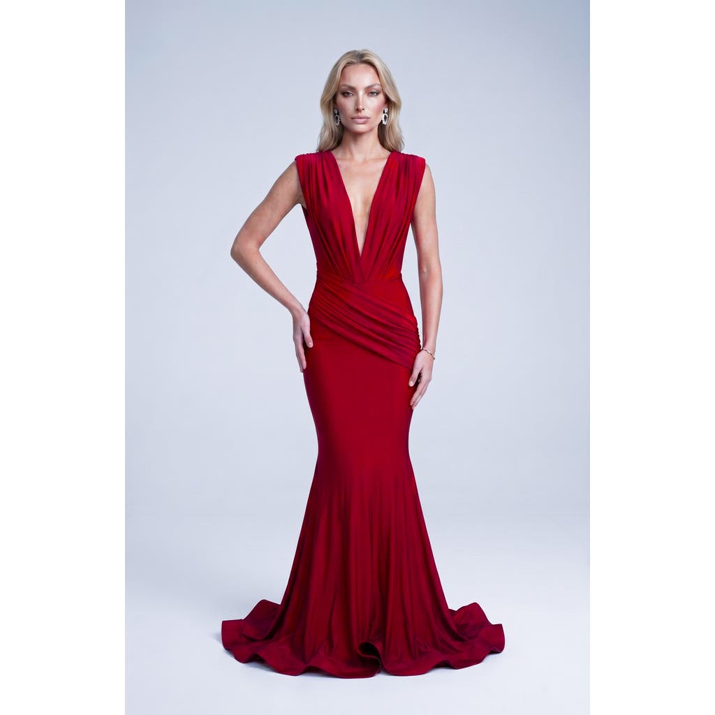Jessica Angel Ruched Plunge Pleated Sleeveless Mermaid Gown in Red at Nordstrom, Size X-Small