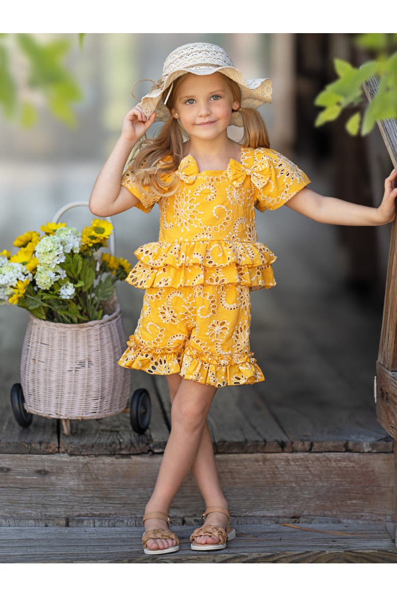 Golden Bloom Eyelet Puff Sleeve Top and Ruffle Girls Shorts Set, Alternate, color, Yellow
