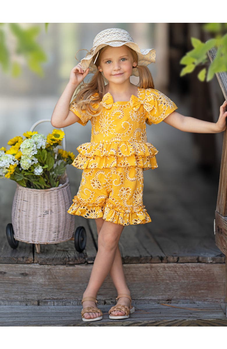 Mia Belle Girls Golden Bloom Eyelet Puff Sleeve Top and Ruffle Girls Shorts Set, Alternate, color, Yellow