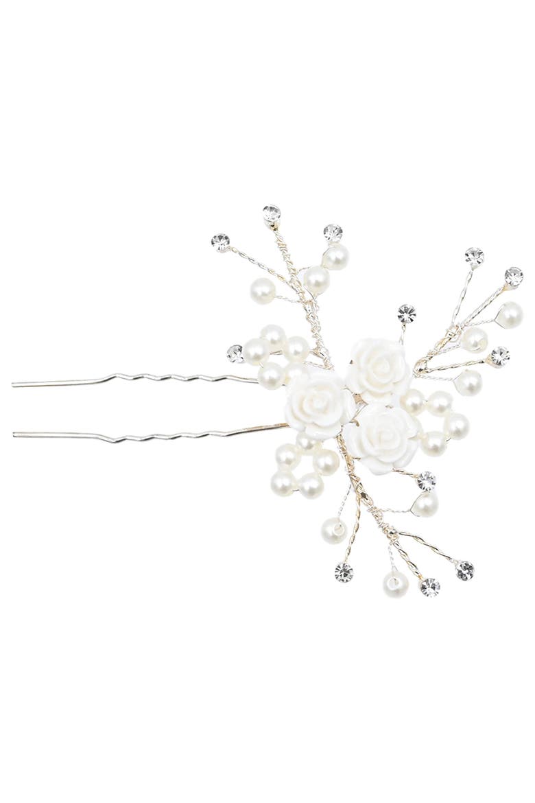 Rhinestone Pearl Rose Hair Pin, Main, color, Silver