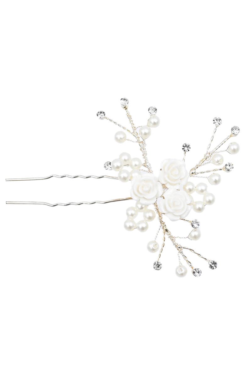 Tulleen Rhinestone Pearl Rose Hair Pin, Main, color, Silver
