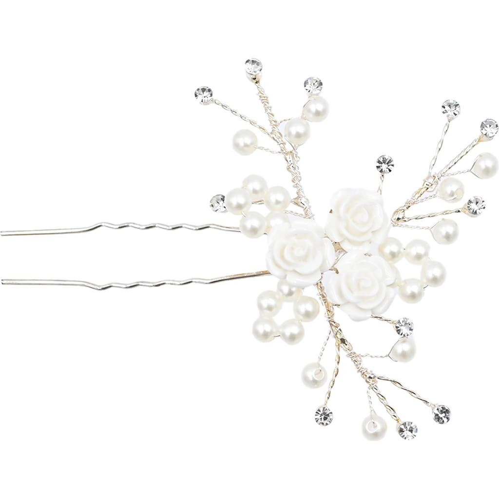 Tulleen Rhinestone Pearl Rose Hair Pin In Silver