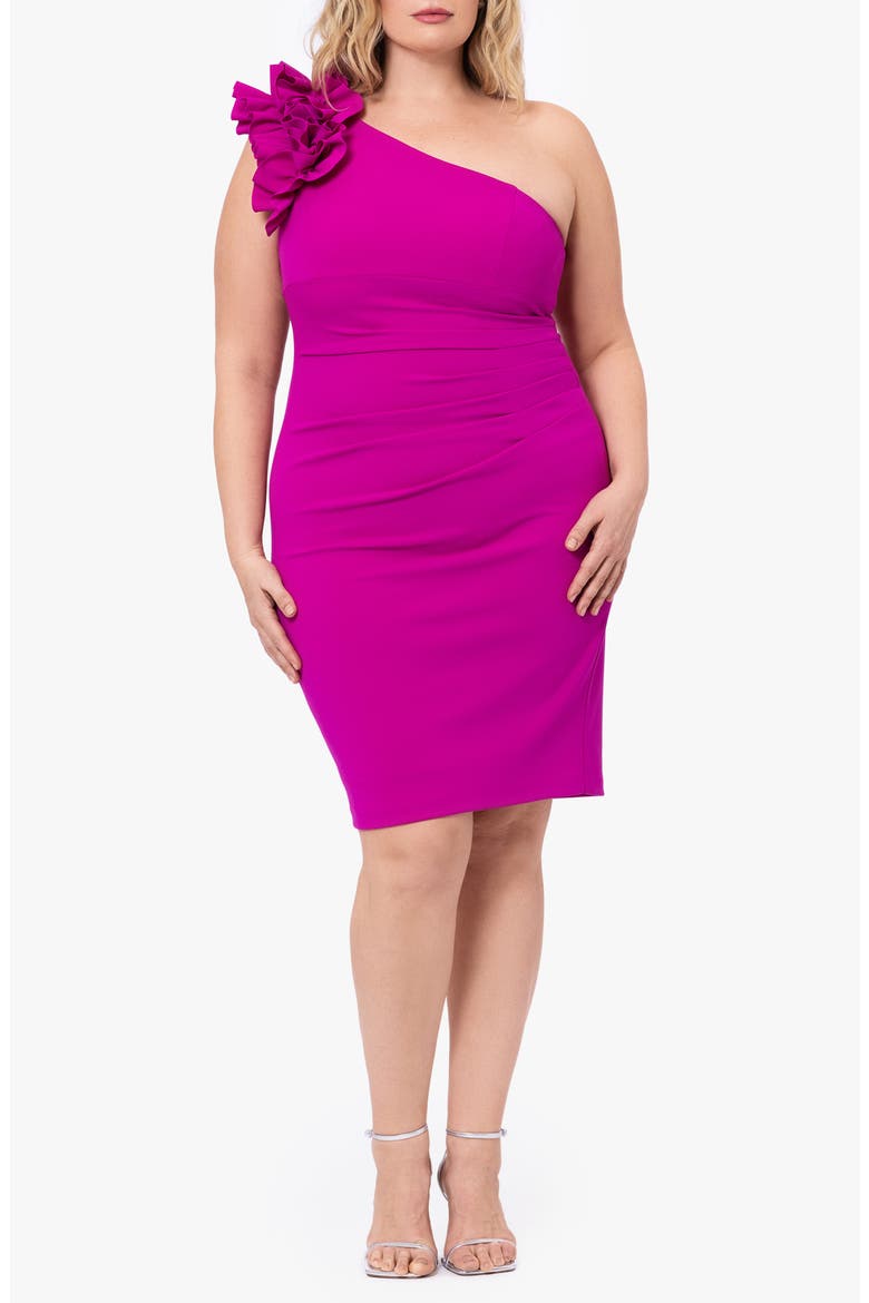 Ruffle One-Shoulder Scuba Crepe Cocktail Dress, Alternate, color, NEW FUCHSIA