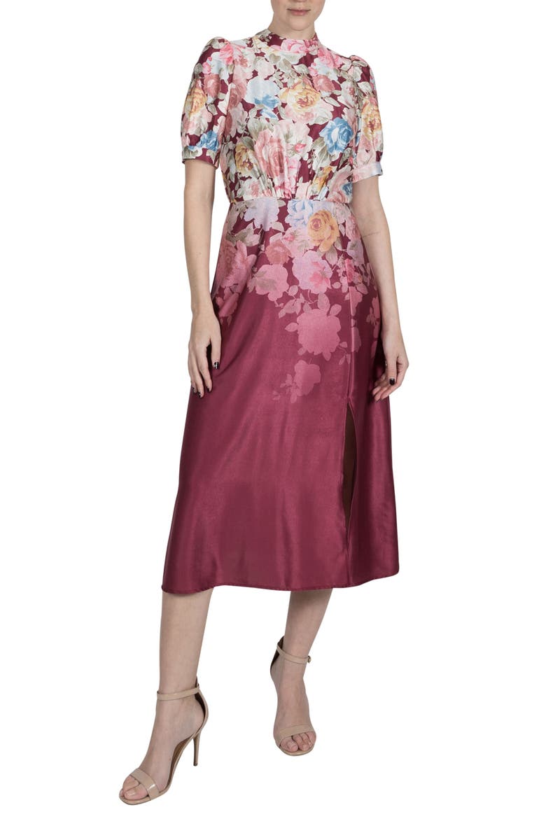 Floral Print Midi Dress, Main, color, BURGUNDY MULTI