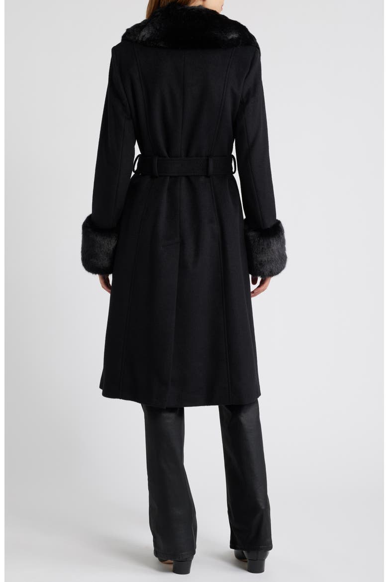 Belted Faux Fur Trim Coat, Alternate, color, BLACK