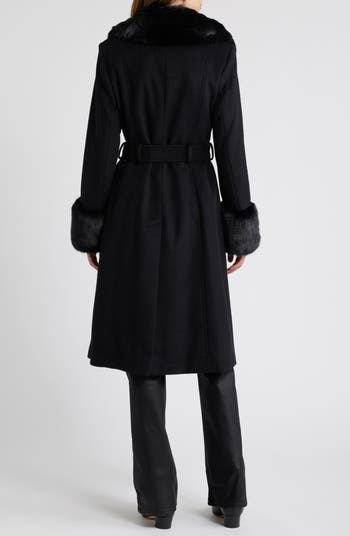 Belted Faux Fur Trim Coat