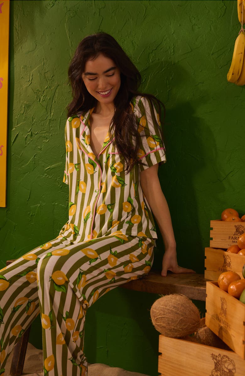 Room Service Pjs Print Long Pajamas, Alternate, color, Green Stripe